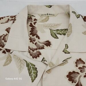 Tommy Bahama Mens Silk Floral Camp Shirt Ivory Brown Green Tropical RN 86549